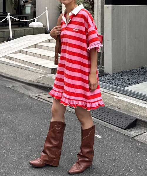 HELLO.SANFRANCISCO(ハローサンフランシスコ)の「【HELLO.SANFRANCISCO/ハローサンフランシスコ】ロゴ刺繍ラガーシャツチュニック(チュニック・レディース・ピンク/ブラウン/イエロー・ONE SIZE)」の6枚目の写真