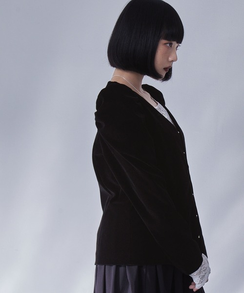 セール】パフスリーブベロアジャケット（ノーカラージャケット