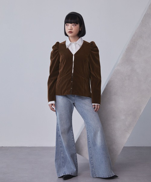 セール】パフスリーブベロアジャケット（ノーカラージャケット