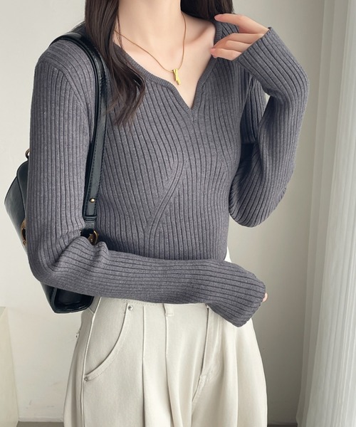 セール】スキッパネックモチモチリブニットトップス（ニット/セーター