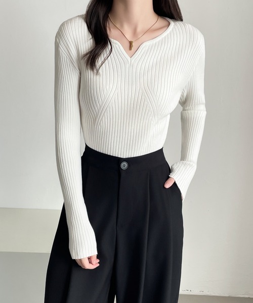 セール】スキッパネックモチモチリブニットトップス（ニット/セーター