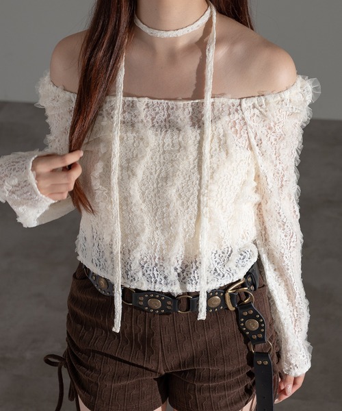 apres jour mignon(アプレジュールミニョン)の「タイ付きレースフリルプルオーバー【ZOZOTOWN限定アイテム】(Tシャツ/カットソー・レディース・ブラック/アイボリー・フリー/X-LARGE)」の4枚目の写真