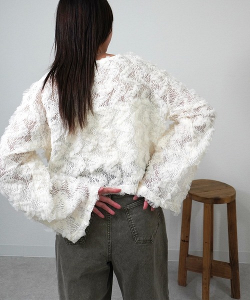 gossara(ゴサラ)の「【透け感を楽しむ】フリルメッシュクロップドプルオーバー(シャツ/ブラウス・レディース・アイボリー/ブラック・FREE)」の4枚目の写真