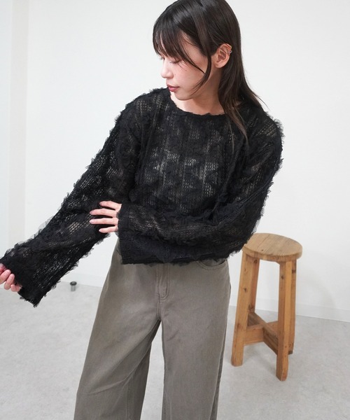 gossara(ゴサラ)の「【透け感を楽しむ】フリルメッシュクロップドプルオーバー(シャツ/ブラウス・レディース・アイボリー/ブラック・FREE)」の5枚目の写真