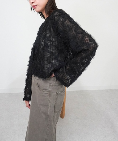 gossara(ゴサラ)の「【透け感を楽しむ】フリルメッシュクロップドプルオーバー(シャツ/ブラウス・レディース・アイボリー/ブラック・FREE)」の6枚目の写真