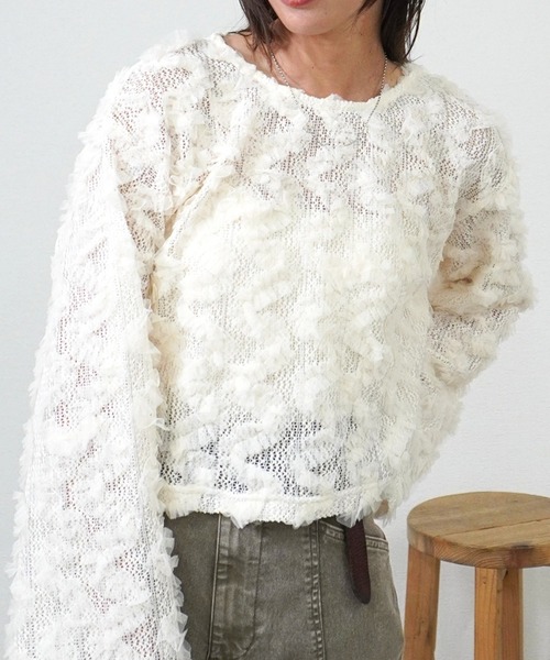 gossara(ゴサラ)の「【透け感を楽しむ】フリルメッシュクロップドプルオーバー(シャツ/ブラウス・レディース・アイボリー/ブラック・FREE)」の3枚目の写真
