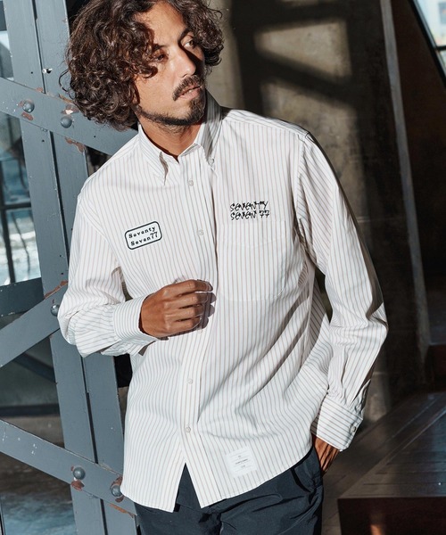 seventy seven(セブンティセブン)の「ms6259-stripe L-S shirt(25W) ストライプシャツ(7725W260)(シャツ/ブラウス・メンズ・ベージュ/ネイビー/ブラック・XL/L/M/S)」の1枚目の写真