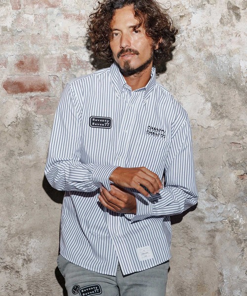 seventy seven(セブンティセブン)の「ms6259-stripe L-S shirt(25W) ストライプシャツ(7725W260)(シャツ/ブラウス・メンズ・ベージュ/ネイビー/ブラック・XL/L/M/S)」の5枚目の写真