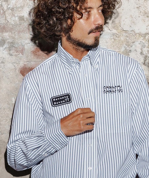 seventy seven(セブンティセブン)の「ms6259-stripe L-S shirt(25W) ストライプシャツ(7725W260)(シャツ/ブラウス・メンズ・ベージュ/ネイビー/ブラック・XL/L/M/S)」の6枚目の写真