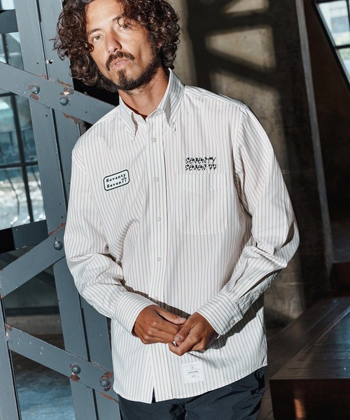 seventy seven(セブンティセブン)の「ms6259-stripe L-S shirt(25W) ストライプシャツ(7725W260)(シャツ/ブラウス・メンズ・ベージュ/ネイビー/ブラック・XL/L/M/S)」の10枚目の写真
