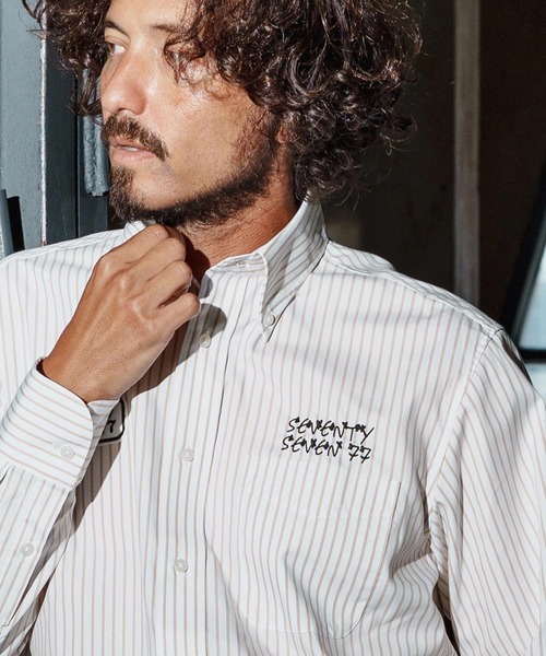 seventy seven(セブンティセブン)の「ms6259-stripe L-S shirt(25W) ストライプシャツ(7725W260)(シャツ/ブラウス・メンズ・ベージュ/ネイビー/ブラック・XL/L/M/S)」の11枚目の写真
