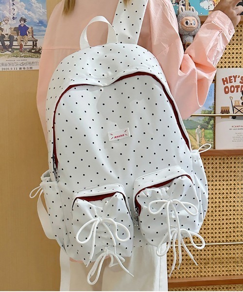 gossip!ロサンゼルス(ゴシップロサンゼルス)の「ポイント柄 リボンデザイン多ポケット バックパック/A4対応大容量 Y2K(バックパック/リュック・レディース・ブラック/ホワイト・FREE)」の2枚目の写真