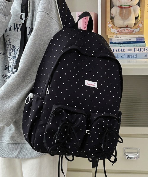 gossip!ロサンゼルス(ゴシップロサンゼルス)の「ポイント柄 リボンデザイン多ポケット バックパック/A4対応大容量 Y2K(バックパック/リュック・レディース・ブラック/ホワイト・FREE)」の6枚目の写真
