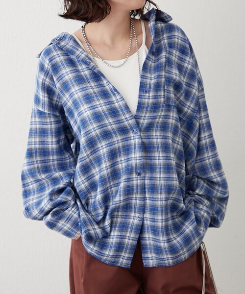NUNIFE(ユニフィー)の「【NUNIFE】BIGチェックシャツ(シャツ/ブラウス・レディース・グレー/ブルー/ブラック/ブラウン・FREE)」の4枚目の写真