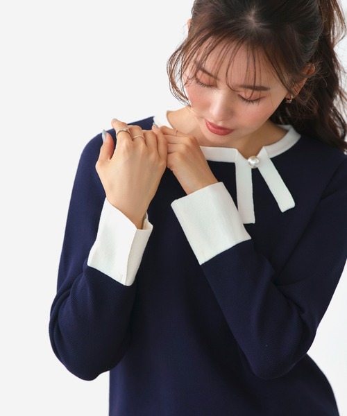 洗える ストレッチ ｜ 衿リボン バイカラー ニット ｜ 長袖 セーター