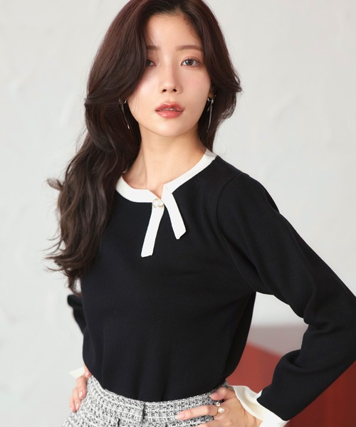 洗える ストレッチ ｜ 衿リボン バイカラー ニット ｜ 長袖 セーター