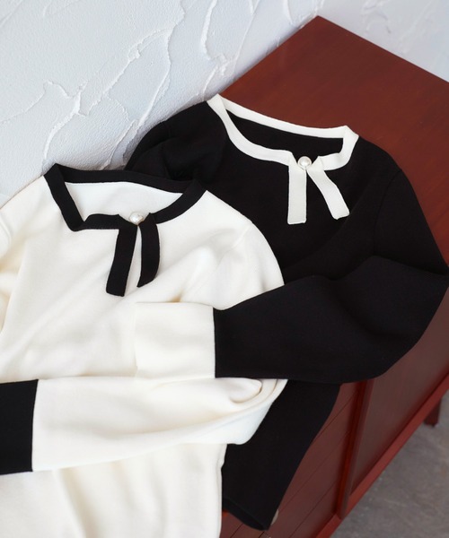 RUIRUE BOUTIQUE(ルイルエブティック)の「洗える ストレッチ | 衿リボン バイカラー ニット | 長袖 セーター ニットトップス(ニット/セーター・レディース・ネイビー×ホワイト/ブラック×ホワイト/ホワイト×ブラック・L/M)」の4枚目の写真