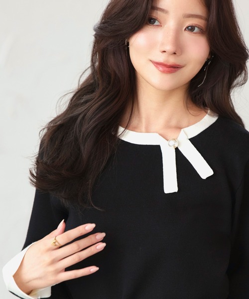 RUIRUE BOUTIQUE(ルイルエブティック)の「洗える ストレッチ | 衿リボン バイカラー ニット | 長袖 セーター ニットトップス(ニット/セーター・レディース・ネイビー×ホワイト/ブラック×ホワイト/ホワイト×ブラック・L/M)」の5枚目の写真