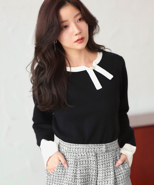 RUIRUE BOUTIQUE(ルイルエブティック)の「洗える ストレッチ | 衿リボン バイカラー ニット | 長袖 セーター ニットトップス(ニット/セーター・レディース・ネイビー×ホワイト/ブラック×ホワイト/ホワイト×ブラック・L/M)」の6枚目の写真