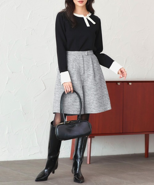 RUIRUE BOUTIQUE(ルイルエブティック)の「洗える ストレッチ | 衿リボン バイカラー ニット | 長袖 セーター ニットトップス(ニット/セーター・レディース・ネイビー×ホワイト/ブラック×ホワイト/ホワイト×ブラック・L/M)」の7枚目の写真