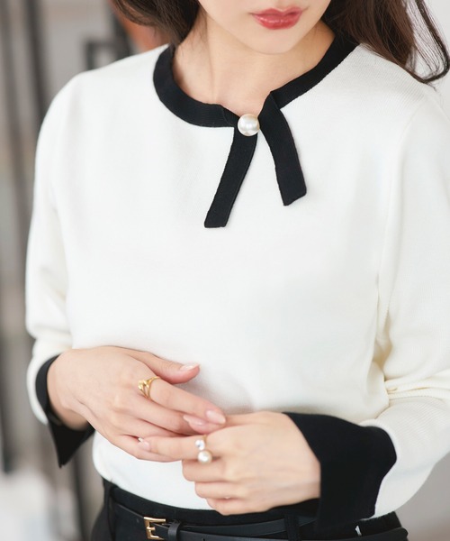RUIRUE BOUTIQUE(ルイルエブティック)の「洗える ストレッチ | 衿リボン バイカラー ニット | 長袖 セーター ニットトップス(ニット/セーター・レディース・ネイビー×ホワイト/ブラック×ホワイト/ホワイト×ブラック・L/M)」の9枚目の写真