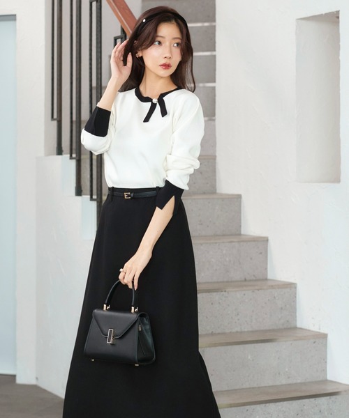 洗える ストレッチ ｜ 衿リボン バイカラー ニット ｜ 長袖 セーター