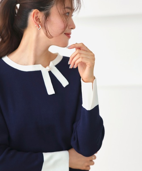 RUIRUE BOUTIQUE(ルイルエブティック)の「洗える ストレッチ | 衿リボン バイカラー ニット | 長袖 セーター ニットトップス(ニット/セーター・レディース・ネイビー×ホワイト/ブラック×ホワイト/ホワイト×ブラック・L/M)」の11枚目の写真