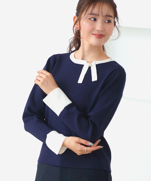 RUIRUE BOUTIQUE(ルイルエブティック)の「洗える ストレッチ | 衿リボン バイカラー ニット | 長袖 セーター ニットトップス(ニット/セーター・レディース・ネイビー×ホワイト/ブラック×ホワイト/ホワイト×ブラック・L/M)」の12枚目の写真