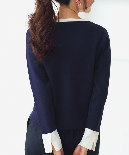 RUIRUE BOUTIQUE(ルイルエブティック)の「洗える ストレッチ | 衿リボン バイカラー ニット | 長袖 セーター ニットトップス(ニット/セーター・レディース・ネイビー×ホワイト/ブラック×ホワイト/ホワイト×ブラック・L/M)」の13枚目の写真