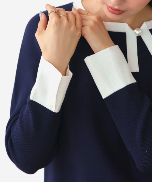 RUIRUE BOUTIQUE(ルイルエブティック)の「洗える ストレッチ | 衿リボン バイカラー ニット | 長袖 セーター ニットトップス(ニット/セーター・レディース・ネイビー×ホワイト/ブラック×ホワイト/ホワイト×ブラック・L/M)」の15枚目の写真