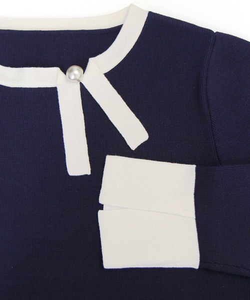 洗える ストレッチ ｜ 衿リボン バイカラー ニット ｜ 長袖 セーター