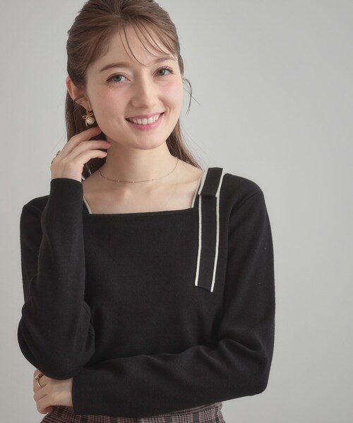 couture brooch（クチュールブローチ）の「【着映え・フェミニン・高見え】配色リボン総針ニットトップス（ニット/セーター・レディース・ブラウン系その他/ブラック/アイボリー・38/36/42）」の16枚目の写真