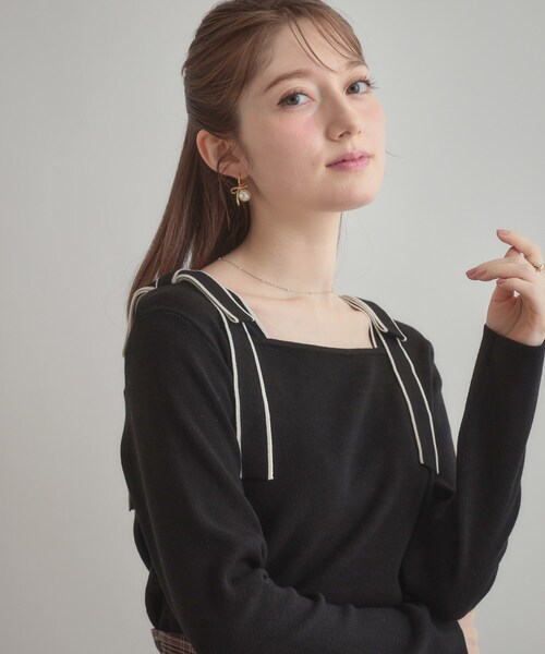 couture brooch（クチュールブローチ）の「【着映え・フェミニン・高見え】配色リボン総針ニットトップス（ニット/セーター・レディース・ブラウン系その他/ブラック/アイボリー・38/36/42）」の17枚目の写真