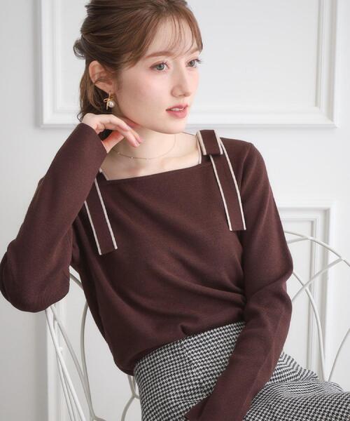 couture brooch(クチュールブローチ)の「【着映え・フェミニン・高見え】配色リボン総針ニットトップス(ニット/セーター・レディース・ブラウン系その他/ブラック/アイボリー・38/36/42)」の13枚目の写真