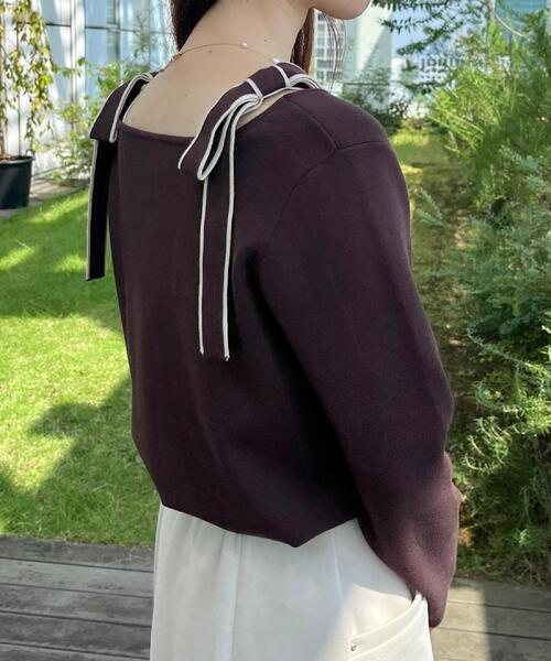 couture brooch(クチュールブローチ)の「【着映え・フェミニン・高見え】配色リボン総針ニットトップス(ニット/セーター・レディース・ブラウン系その他/ブラック/アイボリー・38/36/42)」の6枚目の写真