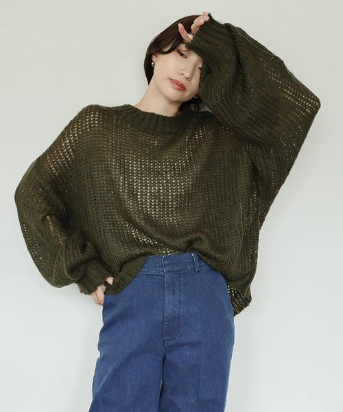 select MOCA Et（セレクトモカエト）の「【Et】Mohair-like Crew Neck Knit（ニット/セーター・レディース・ベージュ/ライトグリーン/ネイビー/カーキ・FREE）」の3枚目の写真