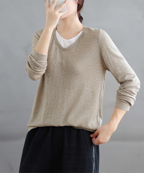 ONEP STAR(ワンピスター)の「レイヤード風Vネックニットトップス(ニット/セーター・レディース・ダークグレー/ベージュ/モカ/ブラック・FREE)」の13枚目の写真