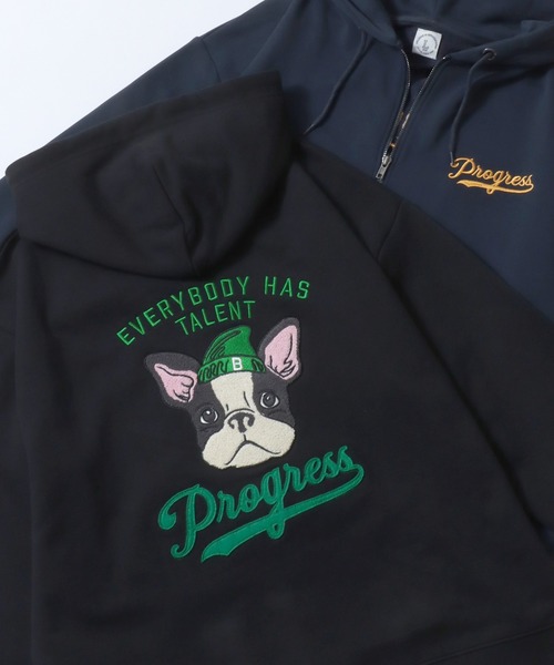 セール】Dog Embroidery Sweat Zip Hoodie/犬刺繍 オーバーサイズ 裏毛