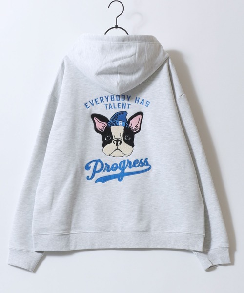 犬の刺繍付きグレーのパーカー（希少） セール】Dog Embroidery Sweat Zip Hoodie/犬刺繍 オーバーサイズ 裏毛