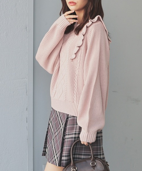 Honeys(ハニーズ)の「フリル使いトップス(ニット/セーター・レディース・ベージュ/ピンク/杢グレー/アイボリー・L/S/M)」の10枚目の写真