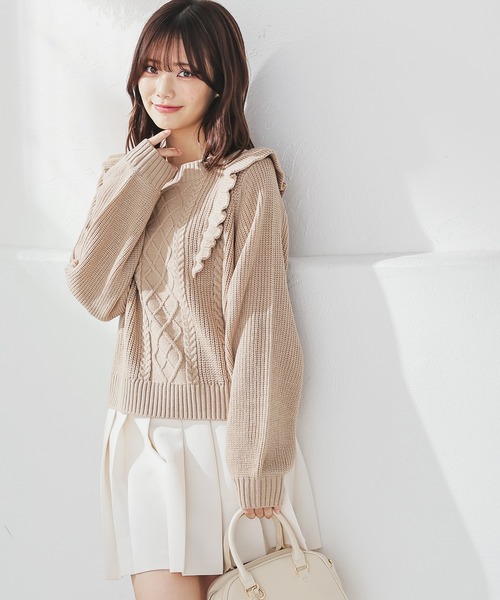 Honeys(ハニーズ)の「フリル使いトップス(ニット/セーター・レディース・ベージュ/ピンク/杢グレー/アイボリー・L/S/M)」の16枚目の写真