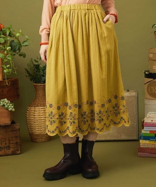 Cama de flores コットンヘリンボーンフレアスカート