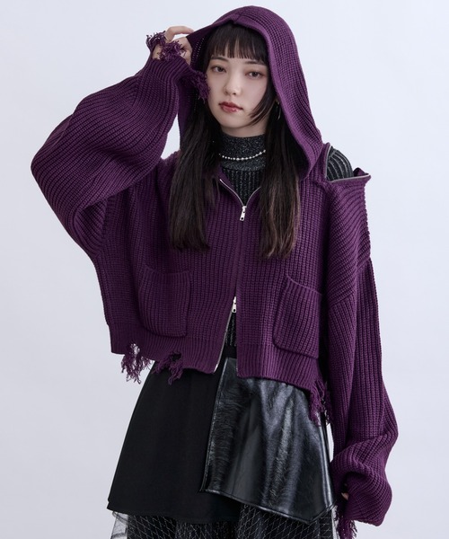 Ellno de Mavie(エルノデメヴィ)の「ショルダージップダメージニットフーディ(パーカー・レディース・パープル/ブラック・FREE)」の2枚目の写真