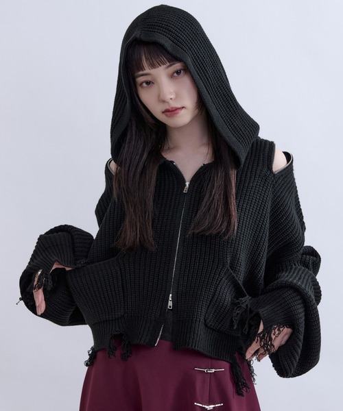 Ellno de Mavie(エルノデメヴィ)の「ショルダージップダメージニットフーディ(パーカー・レディース・パープル/ブラック・FREE)」の1枚目の写真