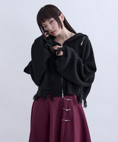 Ellno de Mavie(エルノデメヴィ)の「ショルダージップダメージニットフーディ(パーカー・レディース・パープル/ブラック・FREE)」の10枚目の写真