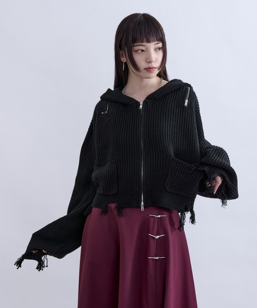Ellno de Mavie(エルノデメヴィ)の「ショルダージップダメージニットフーディ(パーカー・レディース・パープル/ブラック・FREE)」の12枚目の写真