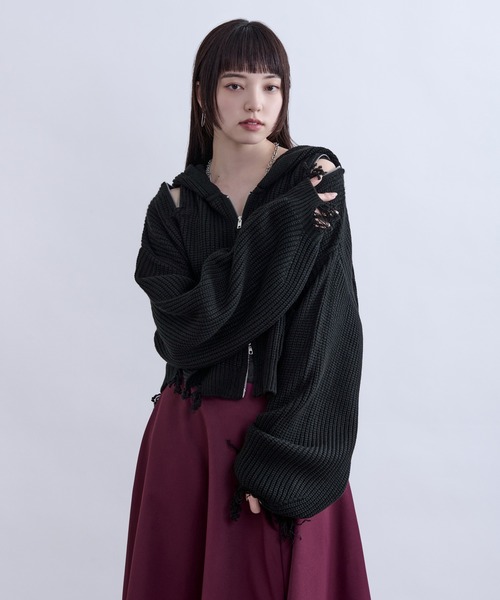 Ellno de Mavie(エルノデメヴィ)の「ショルダージップダメージニットフーディ(パーカー・レディース・パープル/ブラック・FREE)」の13枚目の写真