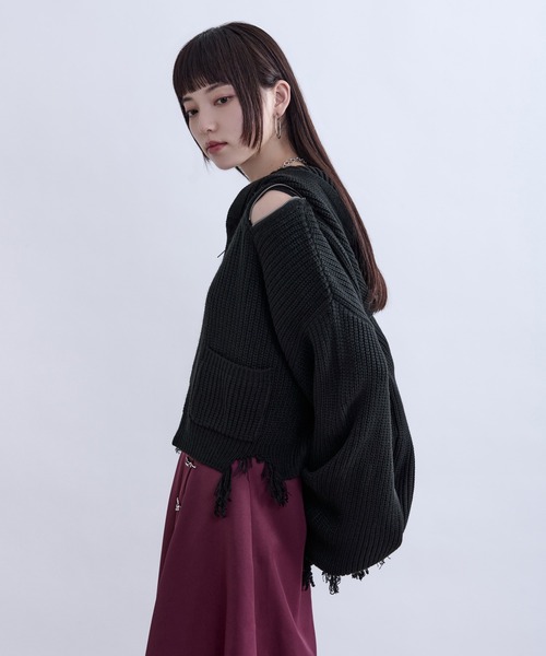 Ellno de Mavie(エルノデメヴィ)の「ショルダージップダメージニットフーディ(パーカー・レディース・パープル/ブラック・FREE)」の14枚目の写真