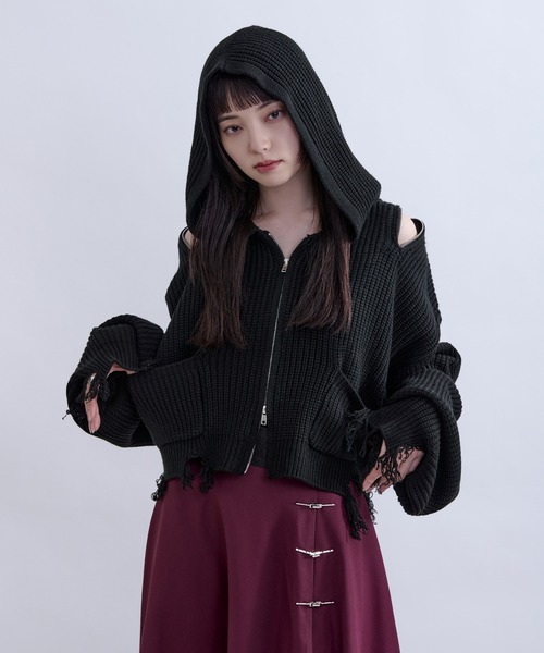 Ellno de Mavie(エルノデメヴィ)の「ショルダージップダメージニットフーディ(パーカー・レディース・パープル/ブラック・FREE)」の6枚目の写真