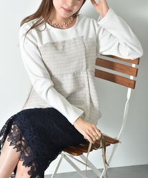 INTERPLANET | ツイード＊起毛リブ異素材切替ビスチェ風プルオーバー(Tシャツ/カットソー)